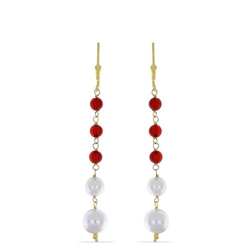 BUY 925 SILVER NATURAL PEARL & RED ONYX ROUND BEADED EARRINGS